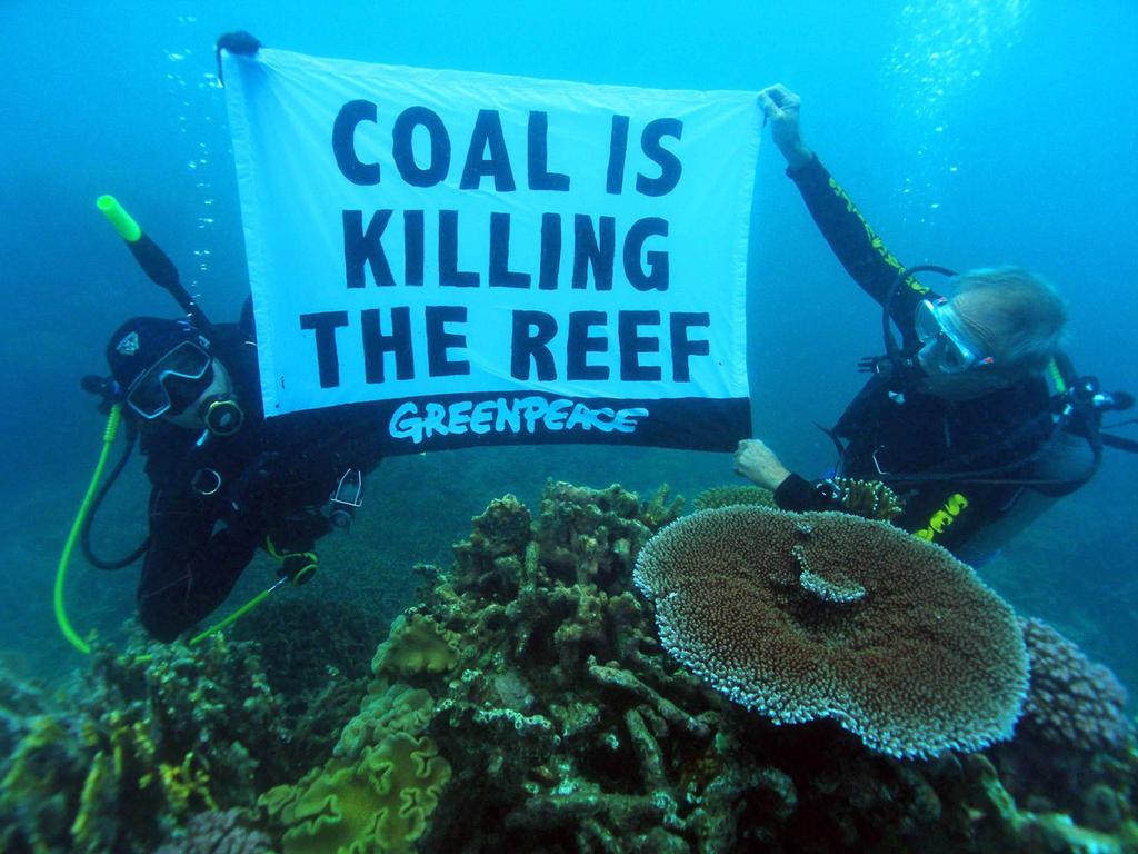 A supplied image obtained Wednesday, Dec. 11, 2013 of activists protesting underwater in the Great Barrier Reef. (AAP Image/Supplied by Greenpeace, Dean Miller) NO ARCHIVING, EDITORIAL USE ONLY © SW